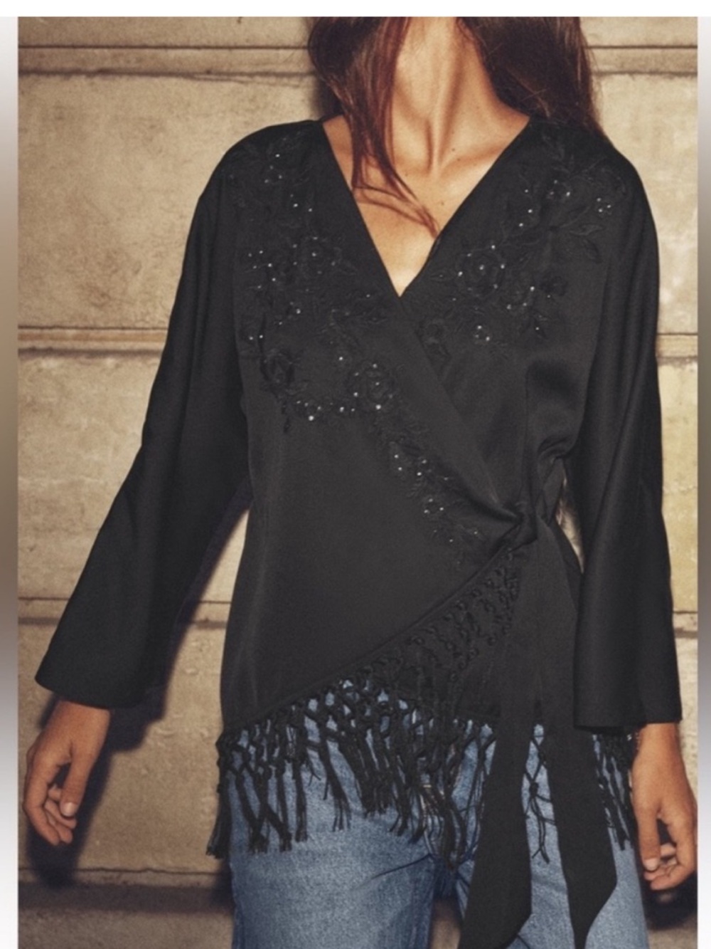 ZARA FRINGED EMBROIDERED KIMONO TOP